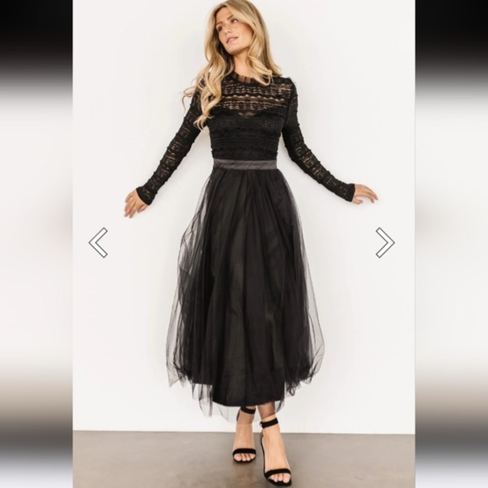 Baltic Born Black Lace Bodice Tulle Midi Dress